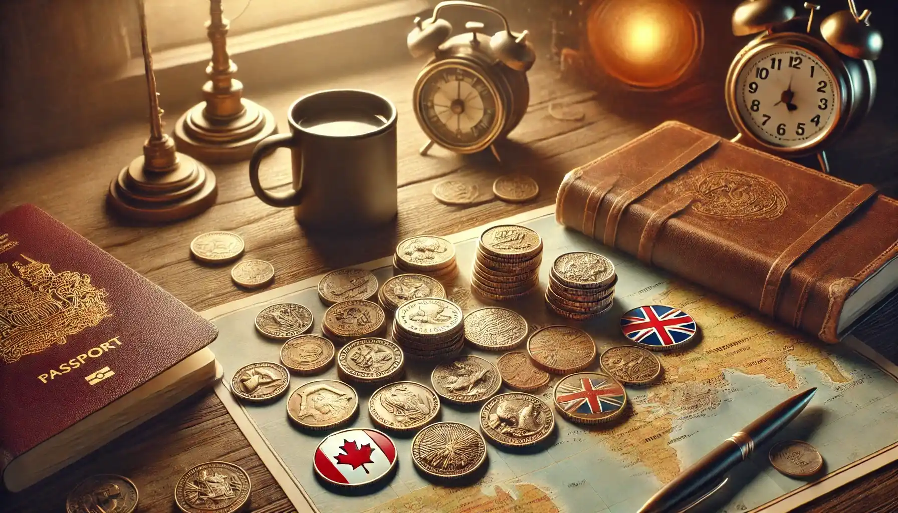 A traveler’s desk with foreign coins from various countries, set next to a small notebook, map, and a cup of coffee. 