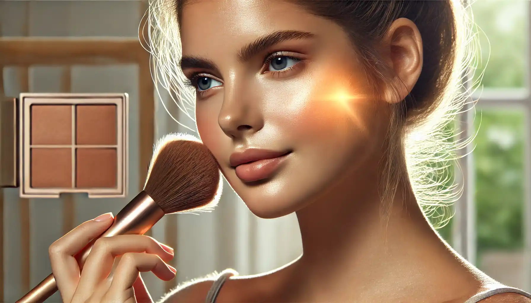 A young woman with a sun-kissed glow, applying bronzer with a fluffy brush in a well-lit room. Her skin has a radiant, healthy finish, with the minimalist background drawing focus to her glowing complexion and bronzer application technique.