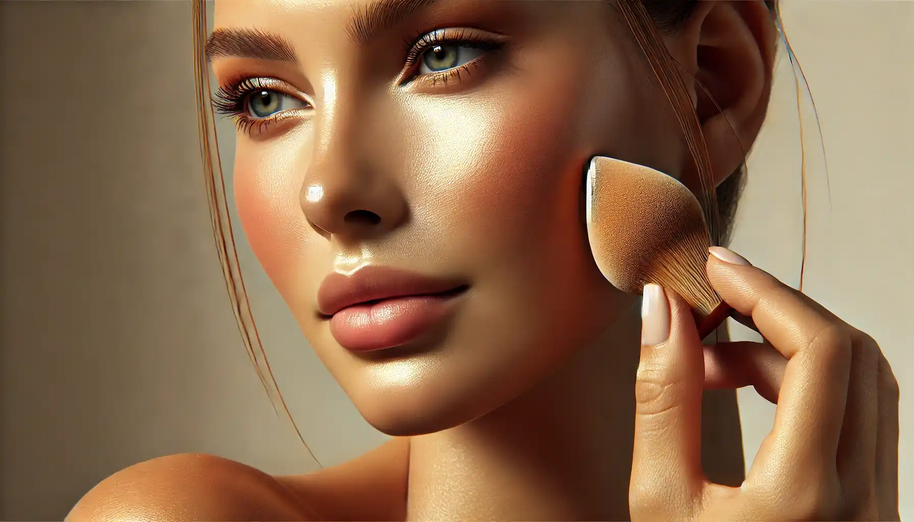 a woman in a minimalist setting, applying cream bronzer to her cheek with a makeup sponge.
