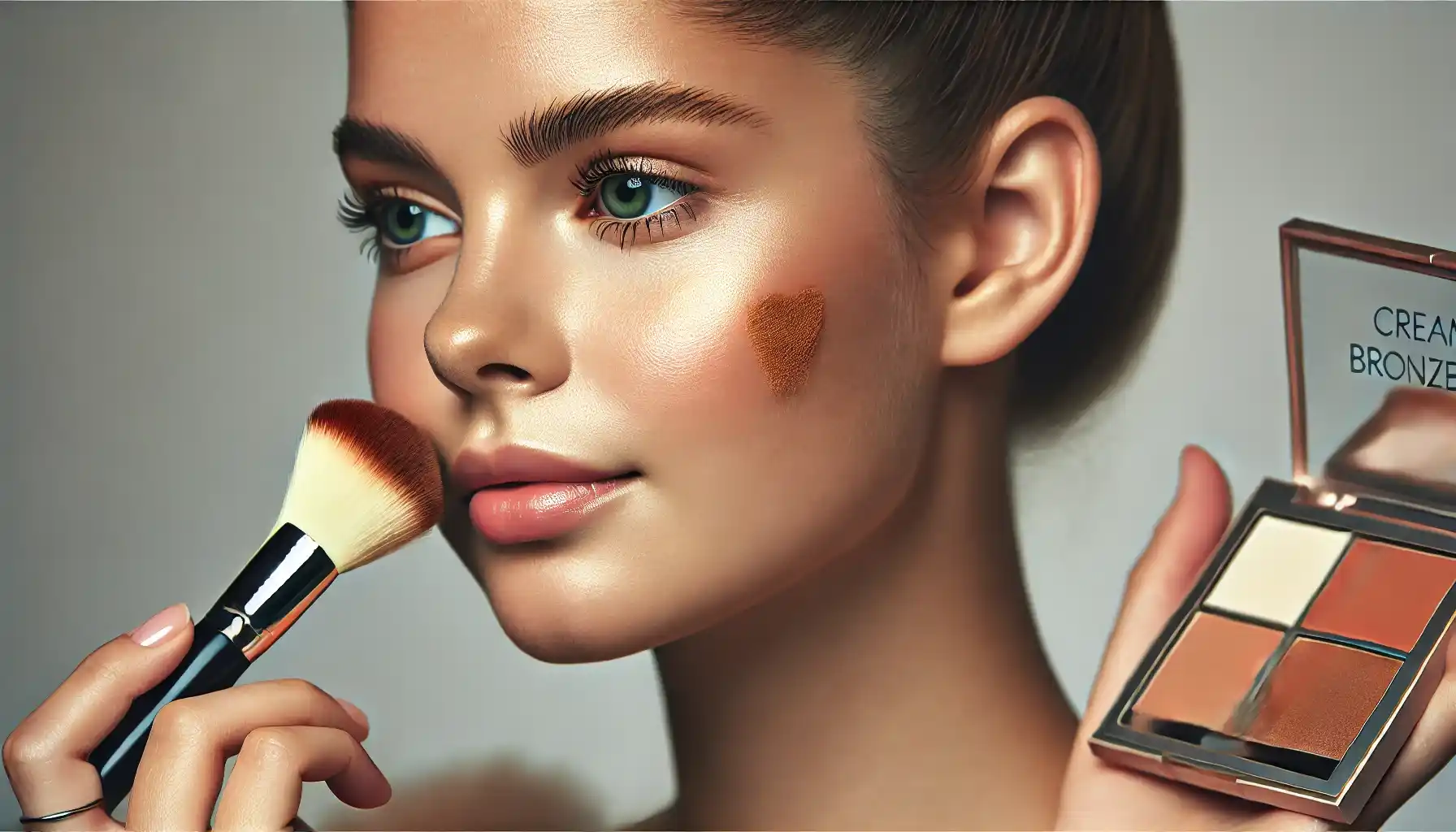 a young woman applying cream bronzer to her cheek with a fluffy brush in a bright, well-lit room.