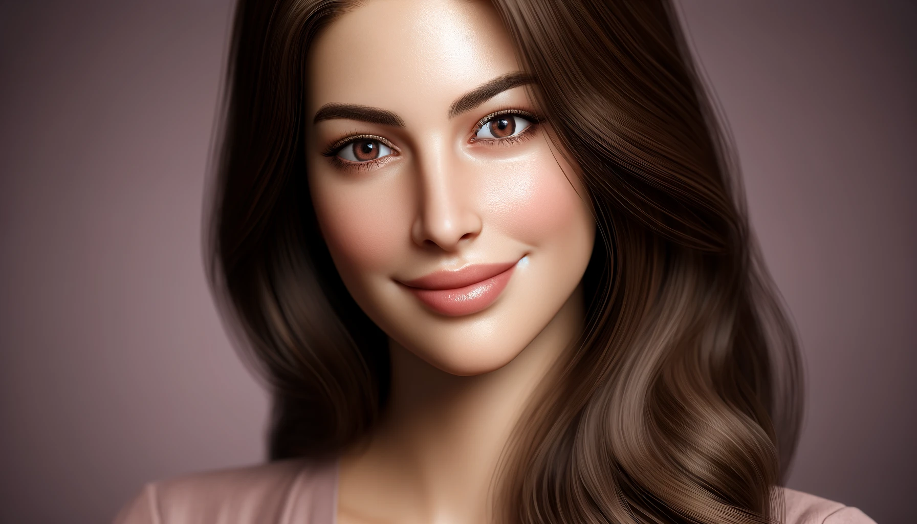 A woman with long, flowing brunette hair and almond-shaped hazel eyes.