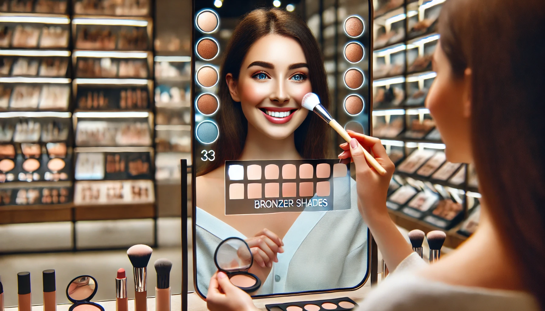  A smiling woman using an AR-enabled mirror in a cosmetic shop. She is standing in front of the mirror, which displays virtual makeup options, including bronzer shades, over her reflection.