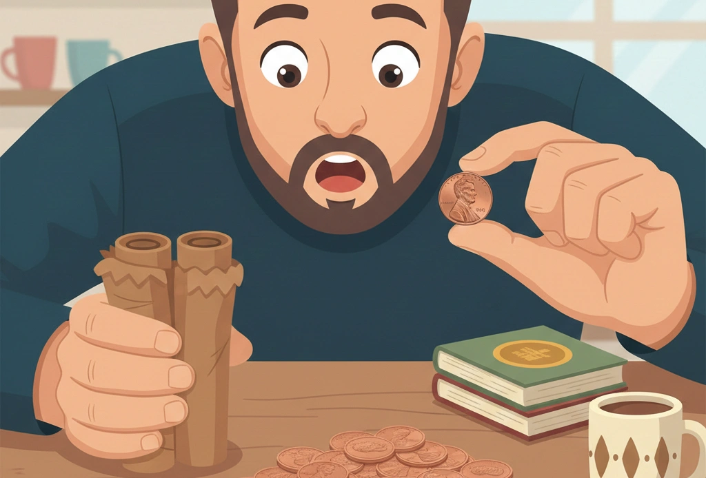  Person rolling pennies in coin wrappers and suddenly isolating a 1995 penny that looks unusually sharp